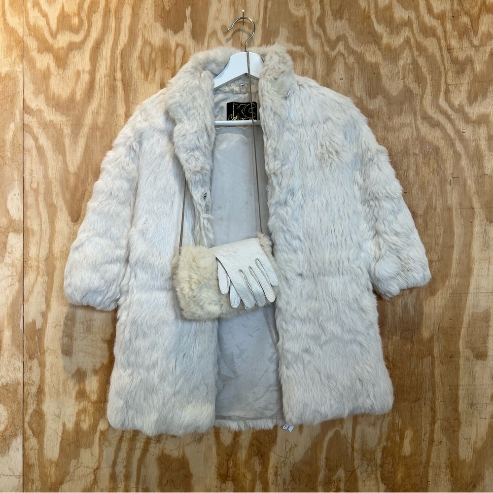 Vintage Child Rabbit Fur Coat with Muff and Gloves